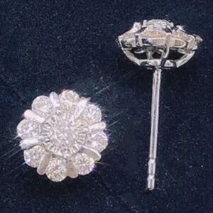 Silver CZ Diamond Floral Halo Stud Earrings